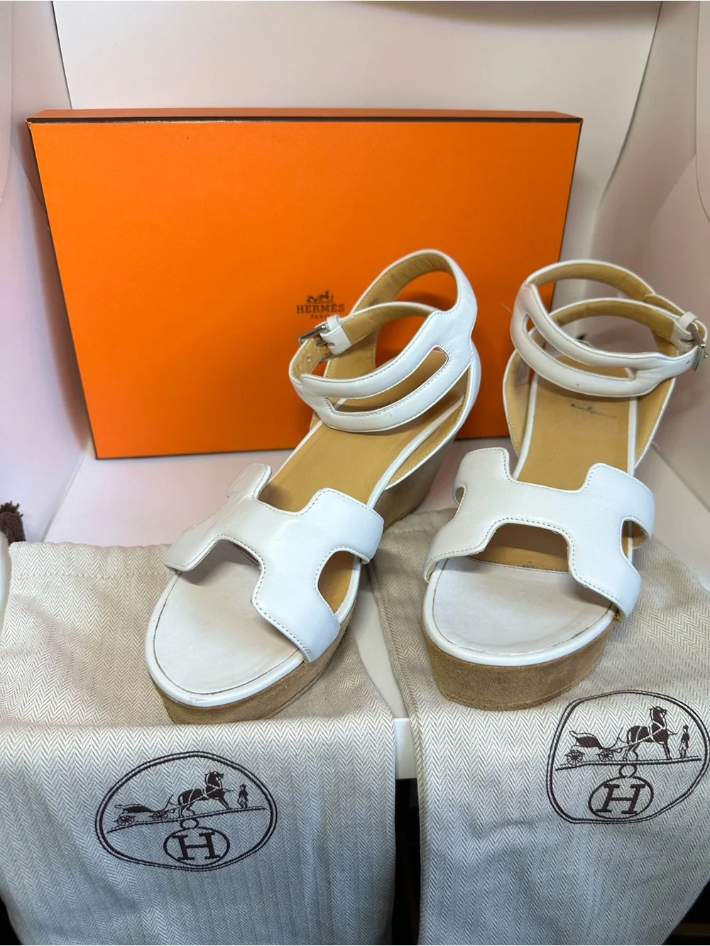 Hermes White Leather Platform Sandals